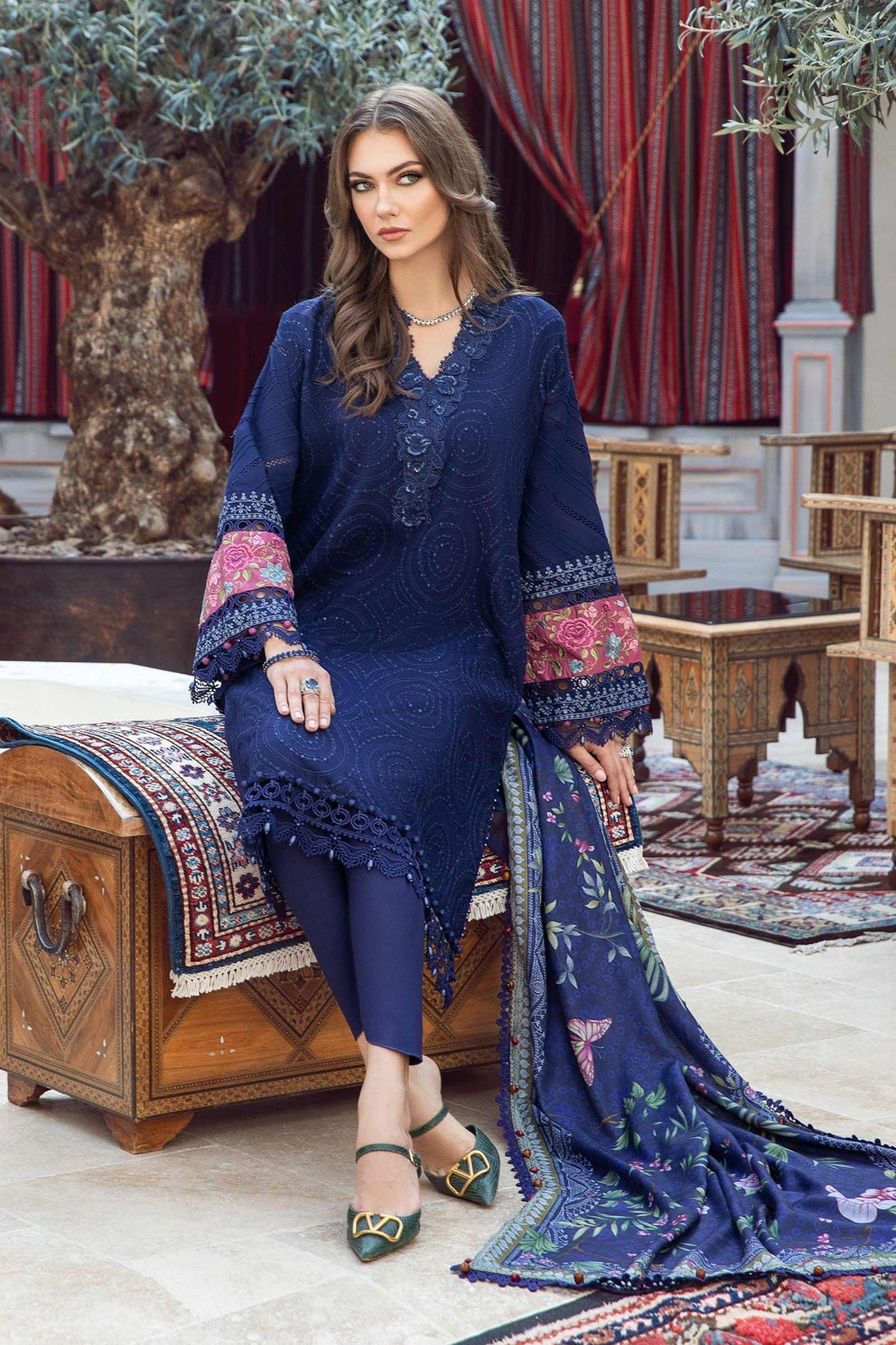 MARIA B - 3PC DHANAK SEQUENCE EMBROIDERED SHIRT WITH WOOL PRINTED SHAWL AND TROUSER-DPC-3238