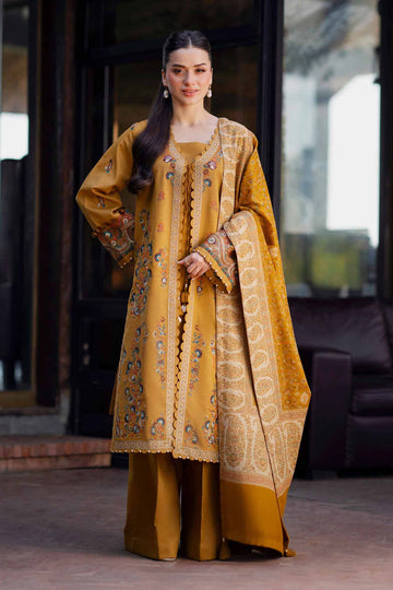 NISHAT-3PC KHADDAR EMBROIDERED SHIRT WITH COURTRAI PRINTED SHAWL & TROUSER-DPC-4377