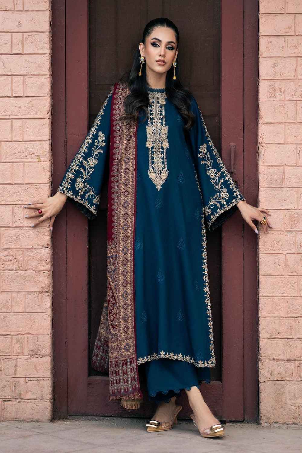 IZEL-3PC DHANAK EMBROIDERED SHIRT WITH COURTRAI PRINTED SHAWL & TROUSER-DPC-405