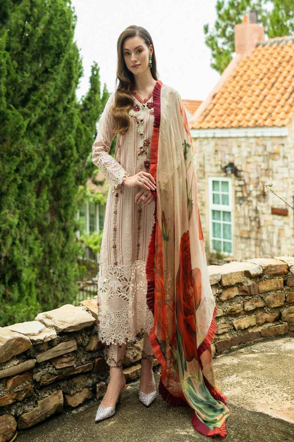RANG RASIYA- 3PC DHANAK EMBROIDERED SHIRT WITH COURTRAI PRINT SHAWL AND EMB TROUSER-DPC-4240