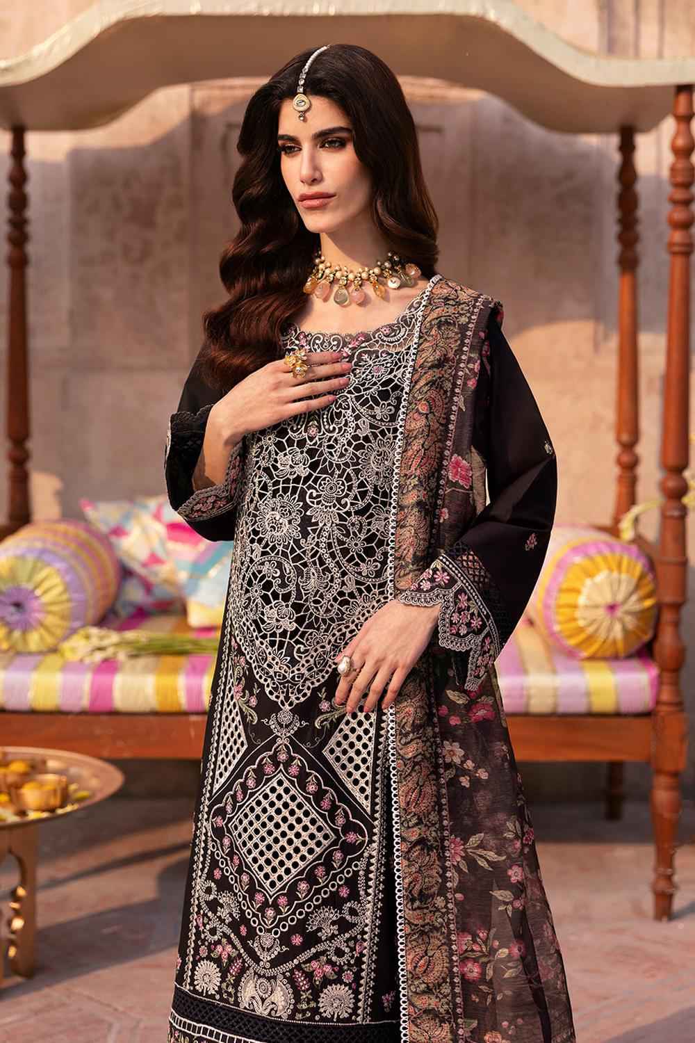 MAHNUR-3PC DHANAK EMBROIDERED SHIRT WITH DHANAK EMBROIDERED SHAWL & TROUSER-DPC-4033