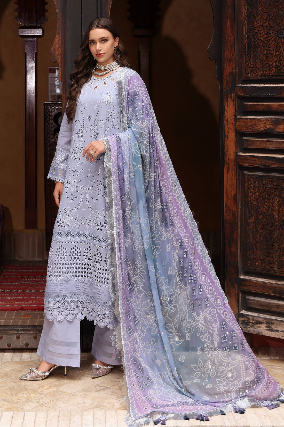 ‎NUREH-3PC LAWN CHIKANKAARI EMBROIDERED SHIRT WITH CHIFFON PRINTED DUPATTA AND TRPUSER-DPC-4553