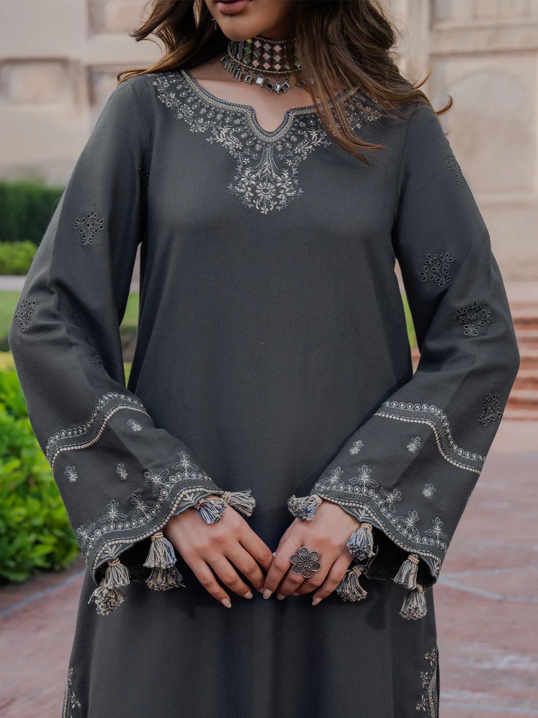 IZEL-3PC DHANAK EMBROIDERED SHIRT WITH COURTRAI PRINTED SHAWL & TROUSER-DPC-4359