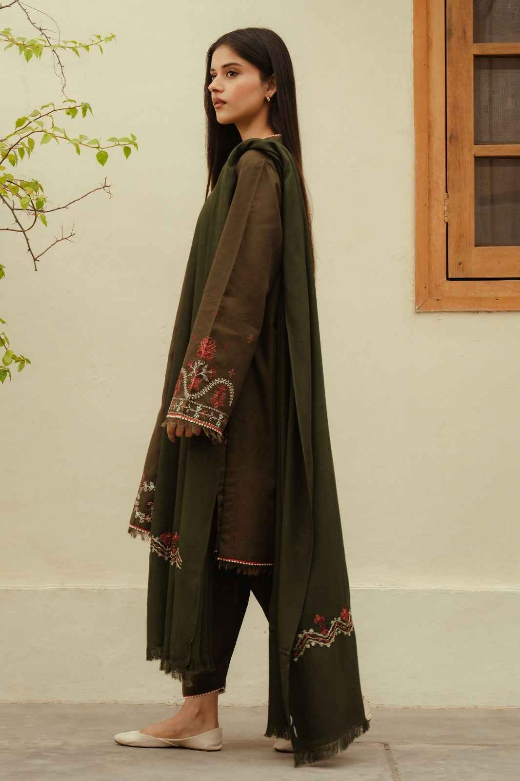 JAZMIN-3PC DHANAK EMBROIDERED SHIRT WITH COURTRAI PRINTED SHAWL AND TROUSER-DPC-96