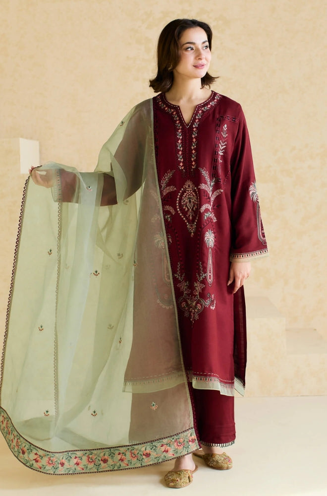 ZARA SHAHJAHAN-3PC DHANAK EMBROIDERED SHIRT WITH DHANAK EMBROIDERED SHAWL & DHANAK TROUSER-DPC-422