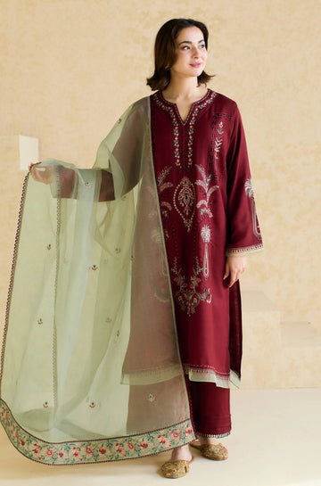 ZARA SHAHJAHAN-3PC DHANAK EMBROIDERED SHIRT WITH DHANAK EMBROIDERED SHAWL & DHANAK TROUSER-DPC-422