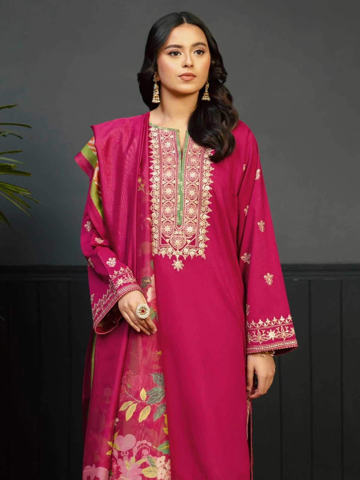 NISHAT- 3PC DHANAK EMBROIDERED SHIRT WITH COURTRAI PRINTED SHAWL AND TROUSER-DPC-1266