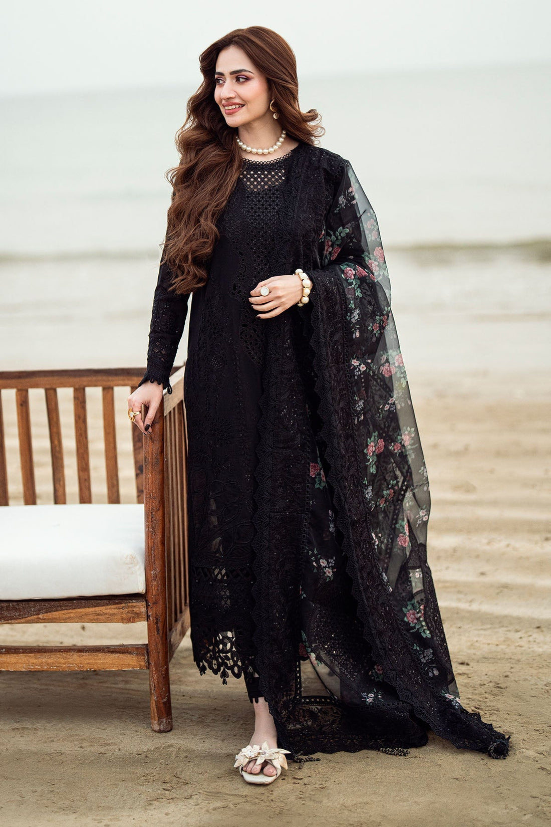 NUREH-3PC DHANAK LASER WORK EMBROIDERED SHIRT WITH MONARK PRINTED EMB DUPATTA & TROUSER-DPC-4119