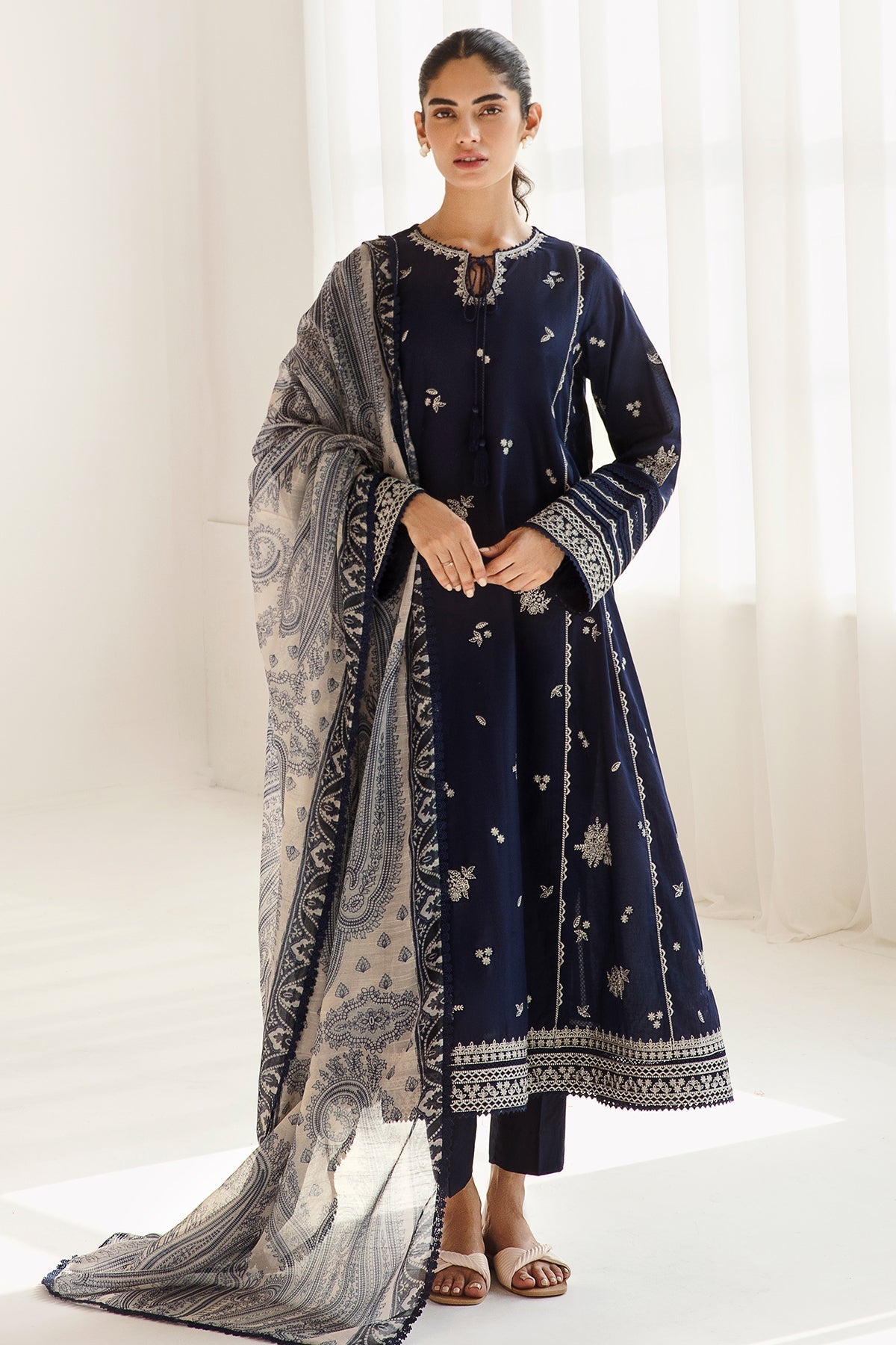 JAZMIN-3PC DHANAK SEQUENCE EMBROIDERED SHIRT WITH COUTRAI PRINTED SHAWL & DHANAK TROUSER-DPC-4182