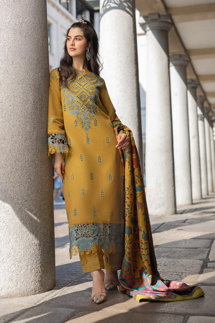 RANG RASIYA-3PC DHANAK EMBROIDERED SHIRT WITH COURTRAI PRINTED SHAWL AND TROUSER-DPC-4159