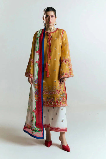 HUSSAIN REHAR - 3PC LAWN HEAVY EMBROIDERED SHIRT WITH MONARK PRINTED DUPATTA AND EMB TROUSER-DPC-3799