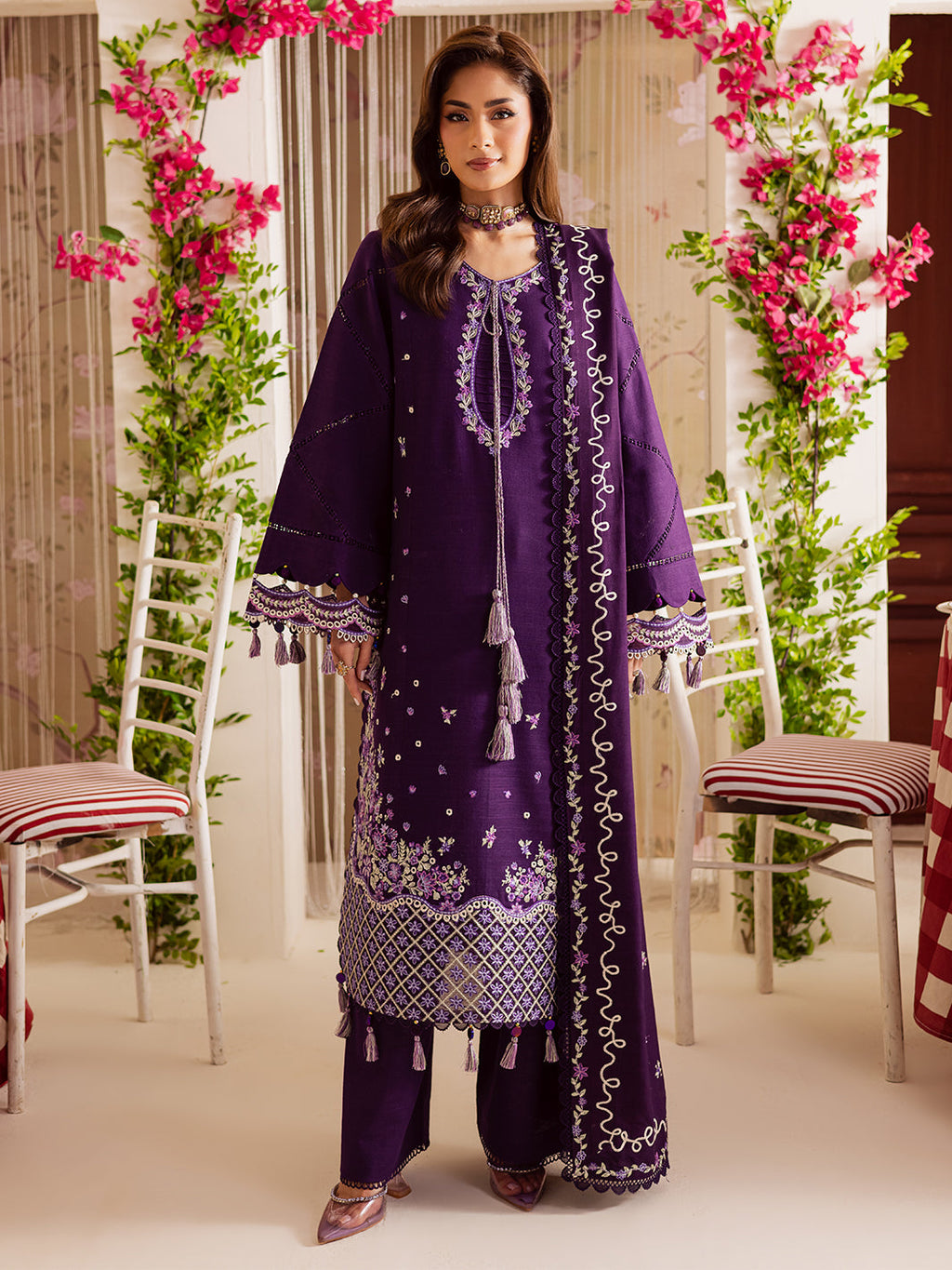 MAHNUR-3PC DHANAK EMBROIDERED SHIRT WITH DHANAK EMBROIDERED SHAWL & TROUSER-DPC-4328