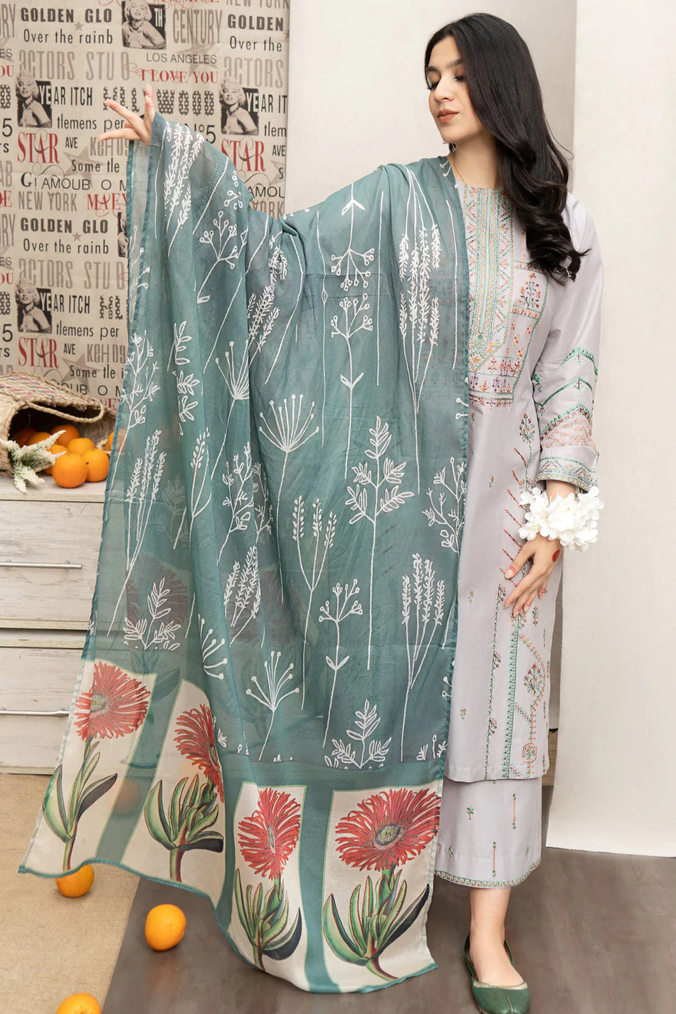 URGE-3PC DHANAK EMBROIDERED SHIRT WITH COUTRAI WOOL PRINTED SHAWL & EMB TROUSER-DPC-4007