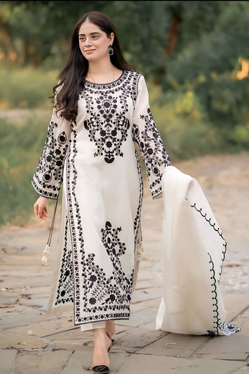 JAZMIN-3PC DHANAK EMBROIDERED SHIRT WITH DHANAK EMBROIDERED SHAWL & TROUSER-DPC-4205