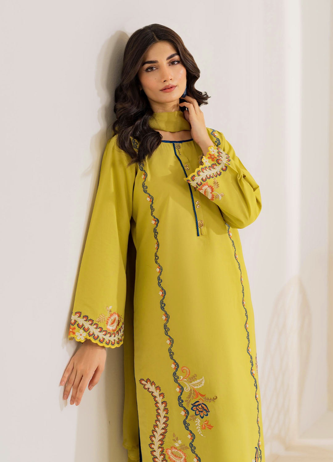 VINTAGE-3PC DHANAK EMBROIDERED SHIRT WITH PRINTED WOOL SHAWL AND TROUSER-DPC-36