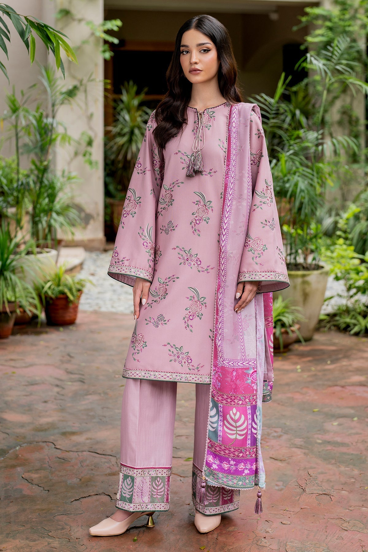 JAZMIN-3PC DHANAK EMBROIDRED SHIRT WITH WOOL PRINT SHAWL AND TROUSER-DPC-3302