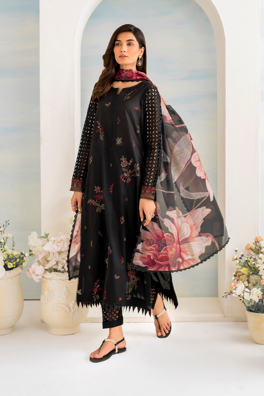 IZNIK- 3PC DHANAK EMBROIDERED SHIRT WITH COUTRAI PRINTED SHAWL AND EMB TROUSER-DPC-4137