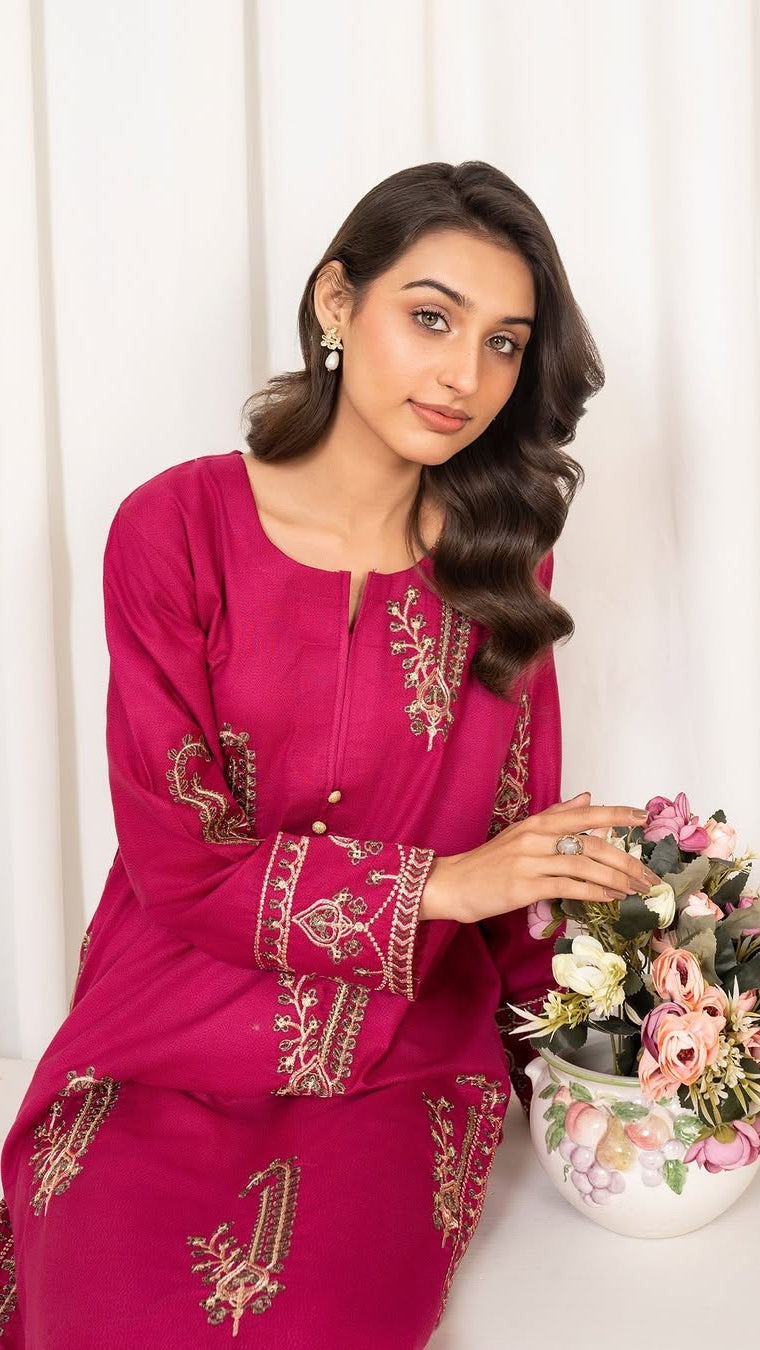 TAWAKAL-2PC DHANAK EMBROIDRED SHIRT WITH DHANAK EMBROIDRED SLEEVES-DPC-2008