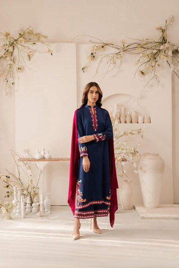 ZIVA - 3PC DHANAK EMBROIDERED SHIRT WITH COUTURE WOOL PRINTED SHAWL & TROUSER-DPC-3419