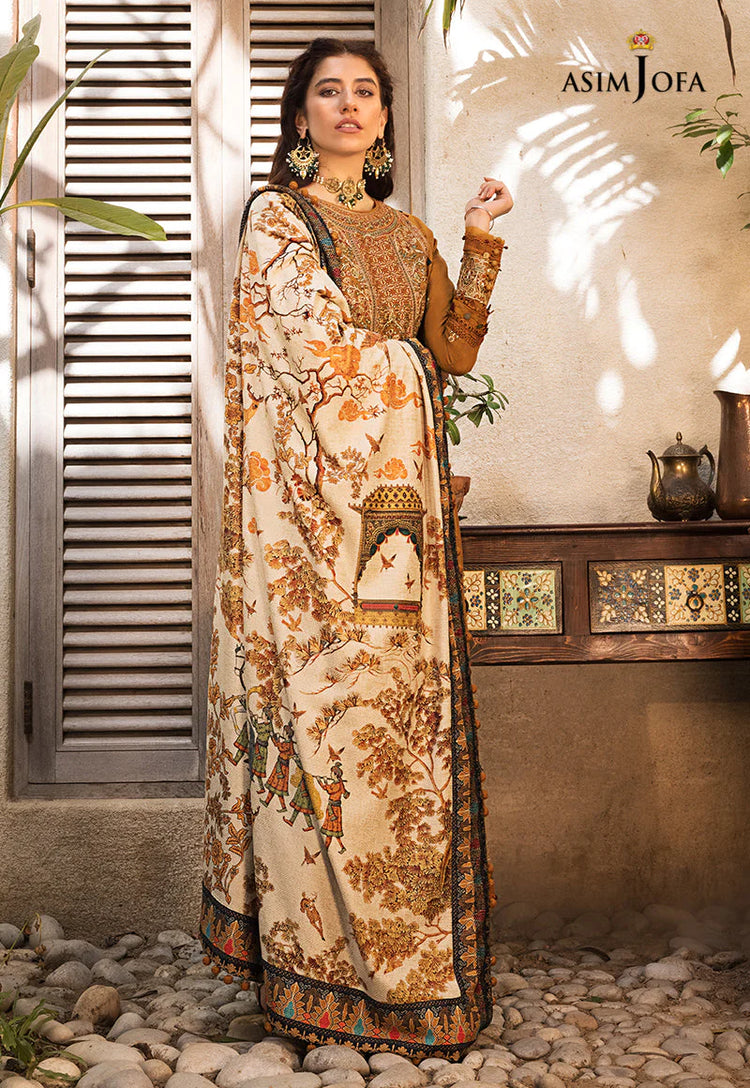 ASIM JOFA-3PC DHANAK EMBROIDERED SHIRT WITH COURTRAI PRINTED SHAWL & TROUSR-DPC-4135