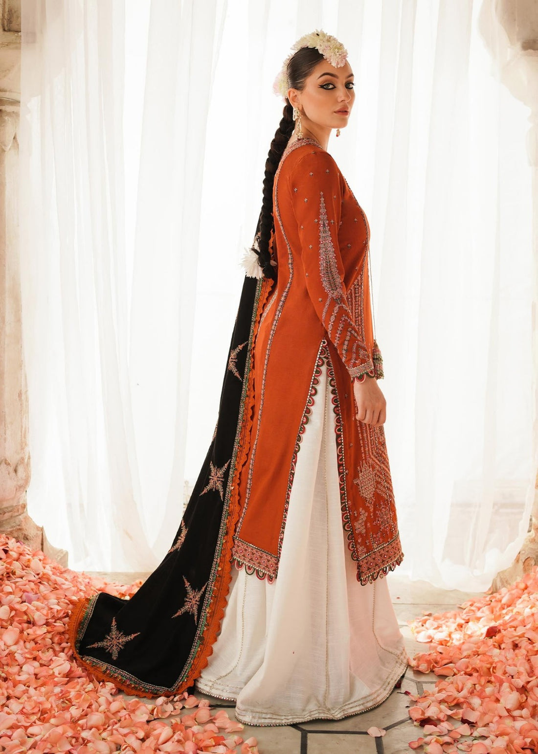 HUSSAIN REHAR-3PC DHANAK EMBROIDERED SHIRT WITH DHANAK  EMBROIDERED SHAWL AND EMB TROUSER-DPC-135