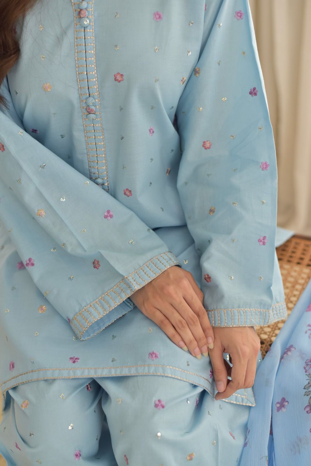 CROSS STITCH-3PC DHANAK EMBROIDERED SHIRT WITH DHANAK EMBROIDERED SHAWL AND TROUSER-DPC-4275