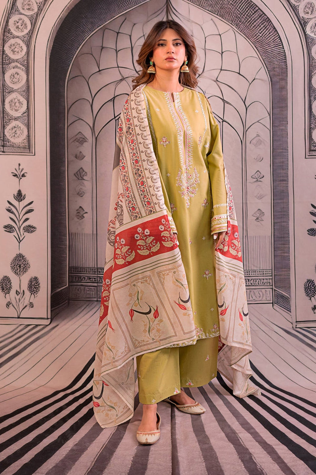 URGE - 3PC LAWN EMBROIDERED SHIRT WITH MONARK PRINTED DUPATTA AND EMB TROUSER DPC-3788