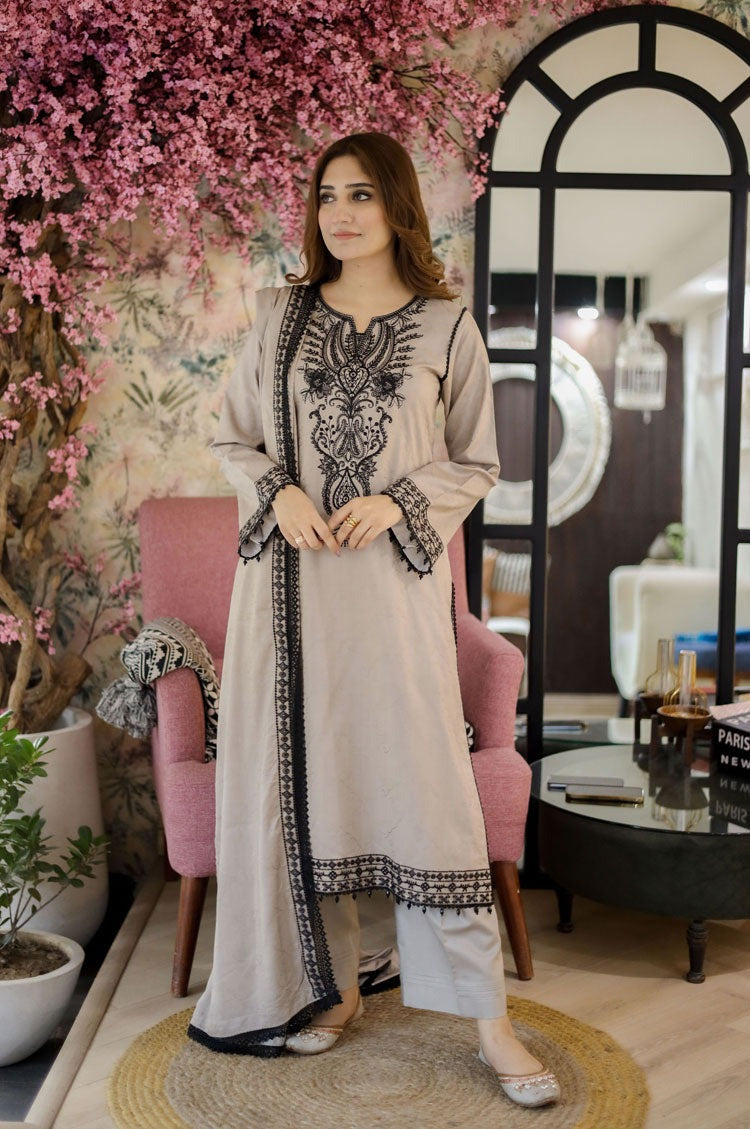 LIBAAS-3PC DHANAK EMBROIDERED SHIRT WITH DHANAK EMBROIDERED SHAWL & EMB TROUSER-DPC-150