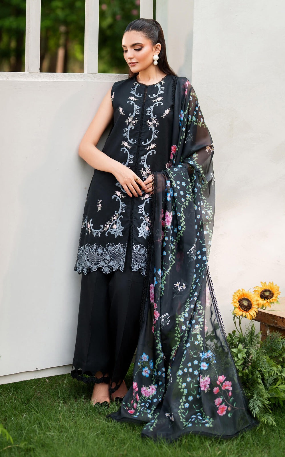 ASIFA NABEEL- 3PC DHANAK EMBROIDERED SHIRT WITH COURTRAI PRINT SHAWL AND EMB TROUSER-DPC-143