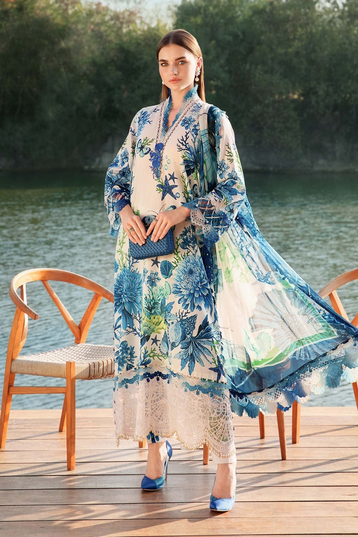 MARIA.B-3PC LAWN EMBROIDERED PRINTED SHIRT WITH CHIFFON PRINT DUPATTA AND PRINT TROUSER-DPC-2519
