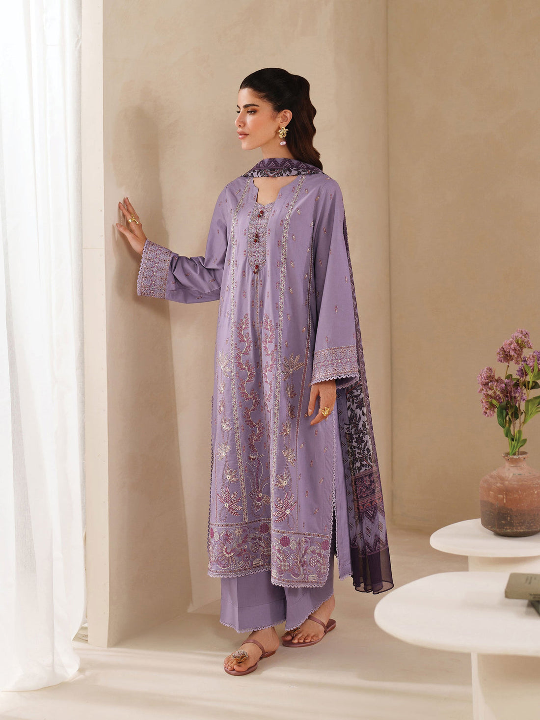 GARNET-3PC DHANAK EMBROIDERED SHIRT WITH COURTRAI PRINTED SHAWL AND TROUSER-DPC-4295