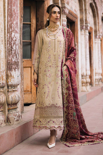 NUREH-3PC DHANAK EMBROIDERED SHIRT WITH COURTRAI PRINTED SHAWL & TROUSER-DPC-4399