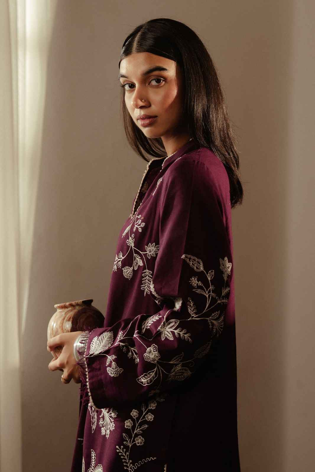 IZEL-3PC DHANAK EMBROIDERED SHIRT WITH DHANAK EMB SHAWL AND TROUSER-DPC-184