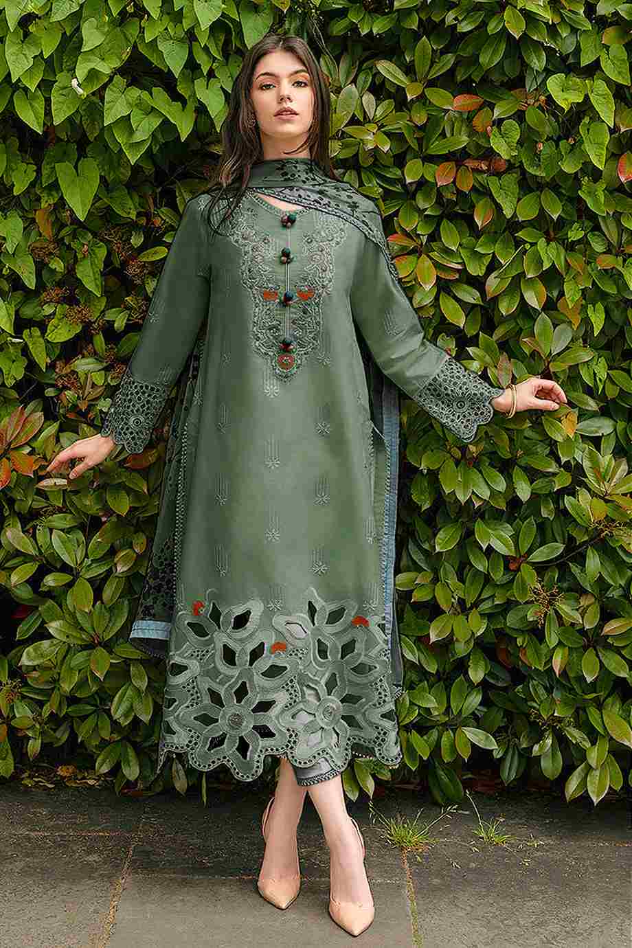 MUSHQ-3PC DHANAK EMBROIDERED SHIRT WITH COURTRAI PRINTED SHAWL AND TROUSER-DPC-211