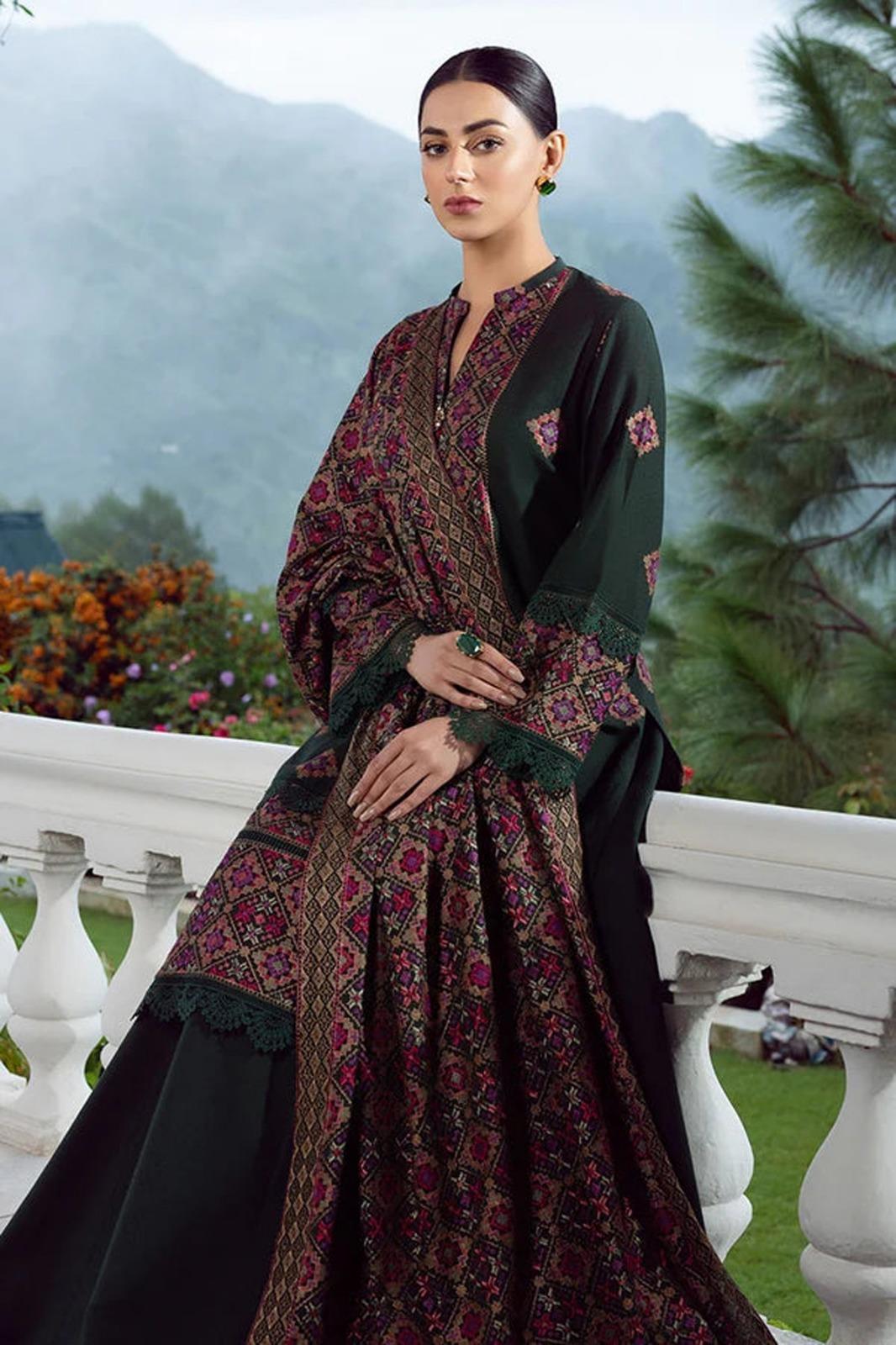 HUSSAIN REHAR-3PC DHANAK EMBROIDERED SHIRT WITH COURTRAI PRINTED SHAWL AND TROUSER-DPC-4780