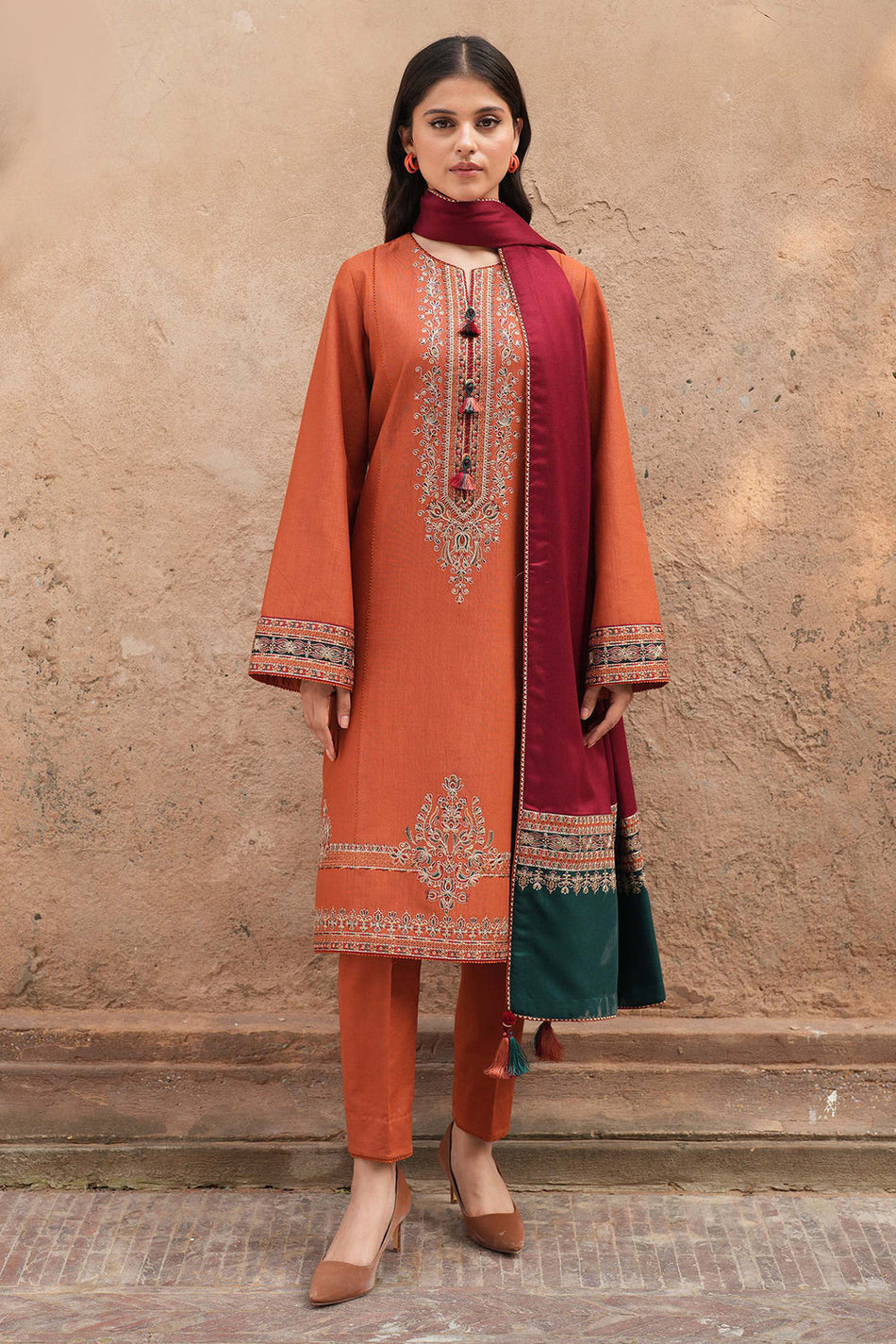 JAZMIN-3PC DHANAK EMBROIDERED SHIRT WITH COURTRAI PRINTED SHAWL AND TROUSER-DPC-4244