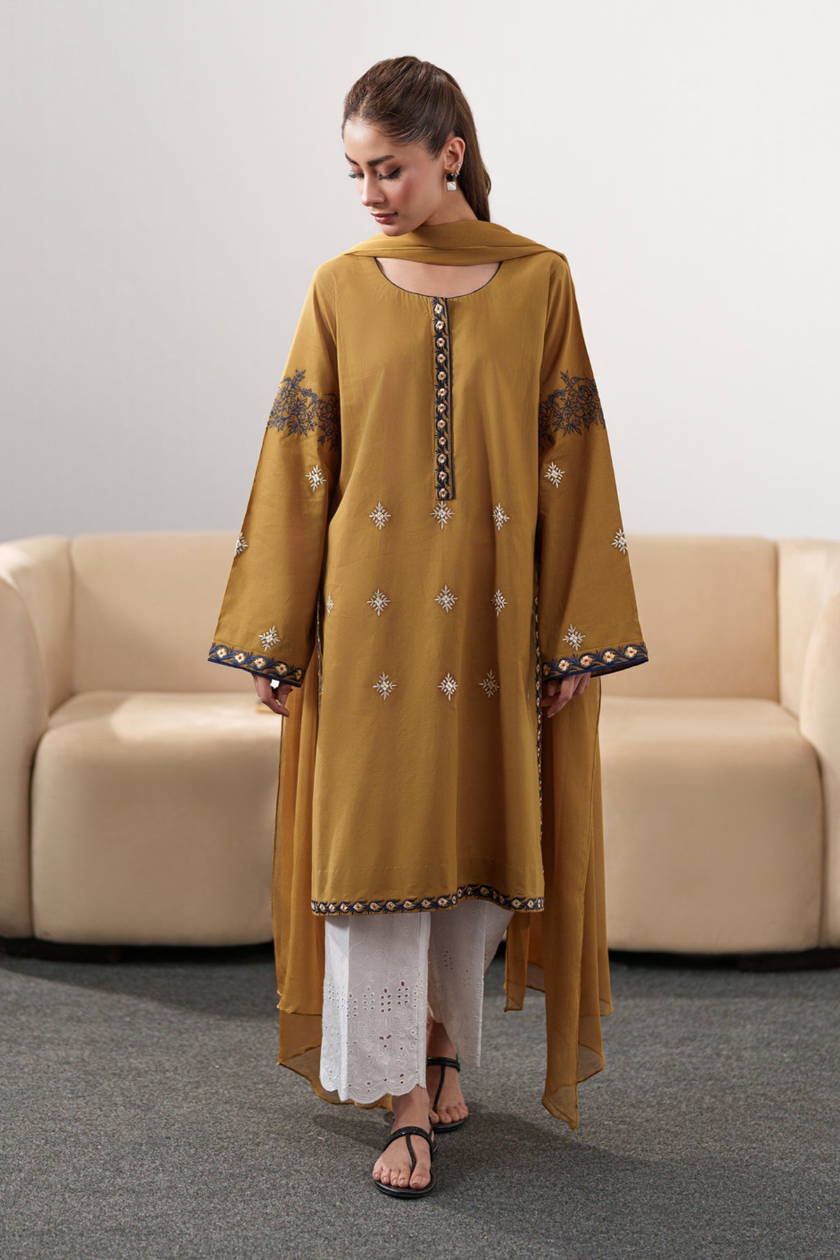 IZEL-3PC DHANAK EMBROIDERED SHIRT WITH DHANAK SHAWL AND EMB TROUSER-DPC-4335