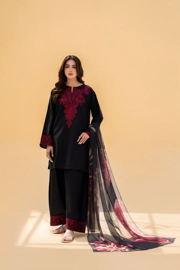 BAROQUE-3PC DHANAK EMBROIDERED SHIRT WITH COURTRAI PRINTED SHAWL AND TROUSER-DPC-182