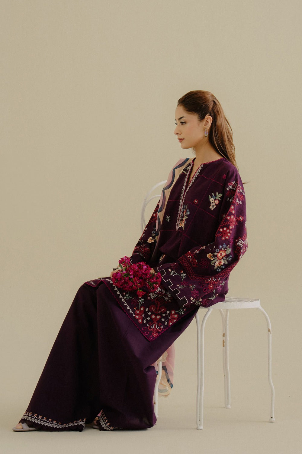 ZARA SHAHJAHAN-3PC DHANAK EMBROIDERED SHIRT WITH DHANAK PRINTED SHAWL & TROUSER-DPC-33