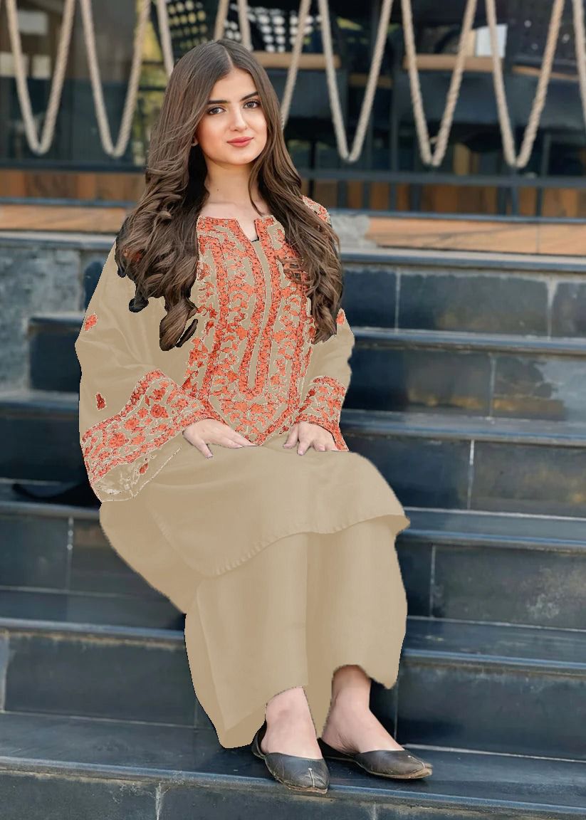 URGE-2PC DHANAK EMBROIDRED SHIRT WITH DHANAK EMBROIDRED SLEEVES-DPC-137