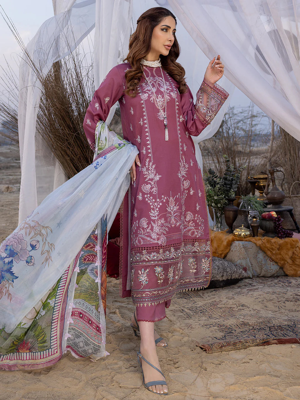 IZEL-3PC DHANAK EMBROIDERED SHIRT WITH COUTRAI PRINTED SHAWL AND TROUSER-DPC-4051