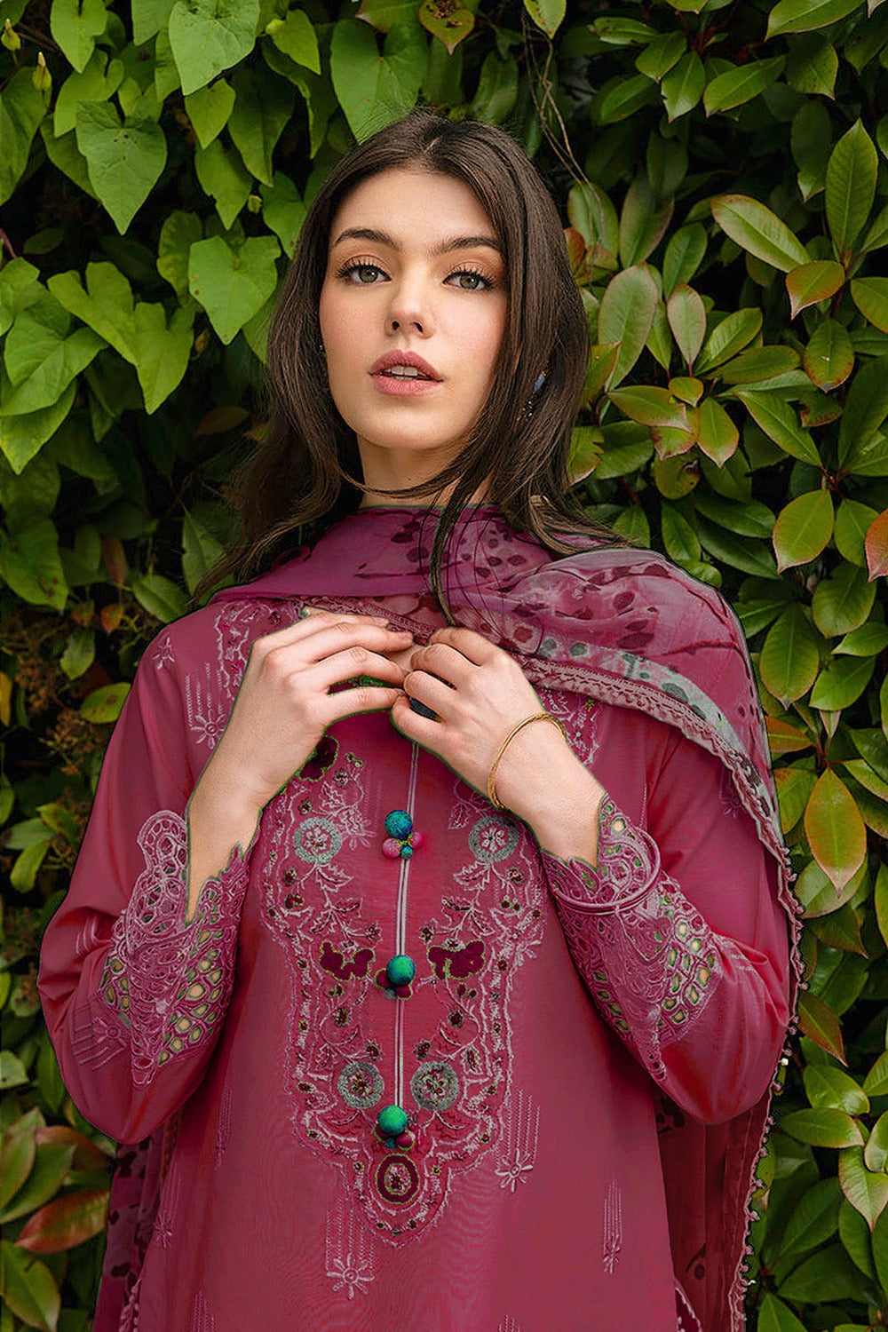 MUSHQ-3PC DHANAK EMBROIDERED SHIRT WITH COURTRAI PRINTED SHAWL AND TROUSER-DPC-213