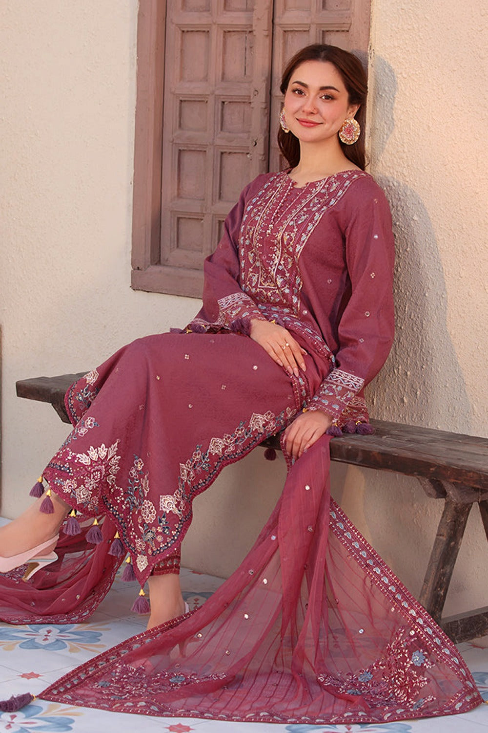 JADE-3PC DHANAK SEQUENCE EMBROIDERED SHIRT WITH DHANAK EMBROIDERED SHAWL AND TROUSER-DPC-22