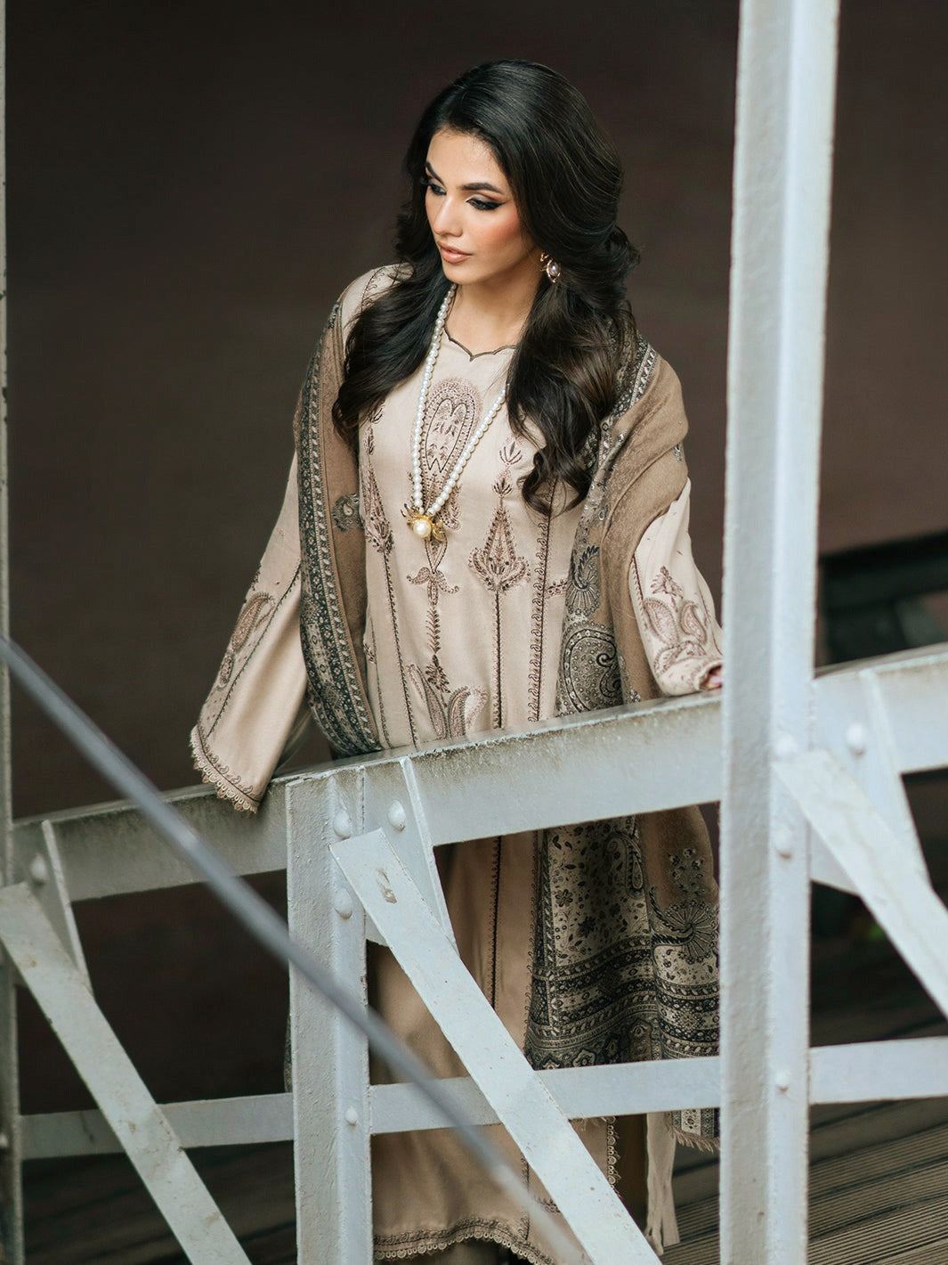 IZEL-3PC DHANAK EMBROIDERED SHIRT WITH COURTRAI PRINTED SHAWL AND TROUSER-DPC-101