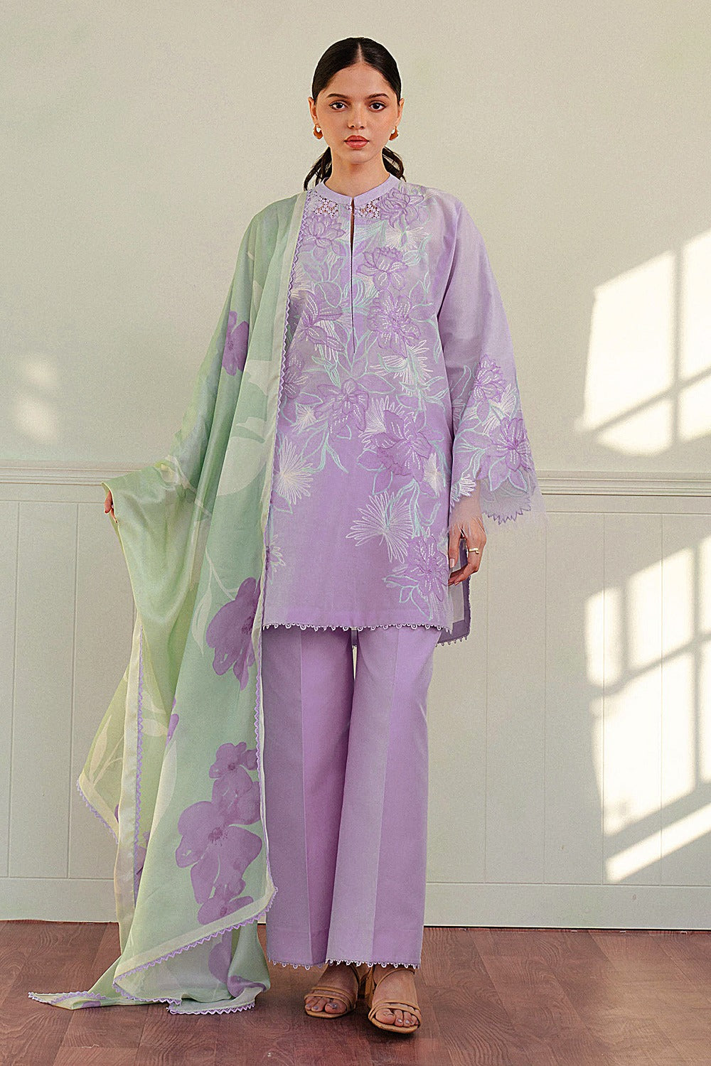 ZARA SHAHJAHAN-3PC DHANAK EMBROIDERED SHIRT WITH WOOL PRINTED SHAWL AND TROUSER-DPC-26