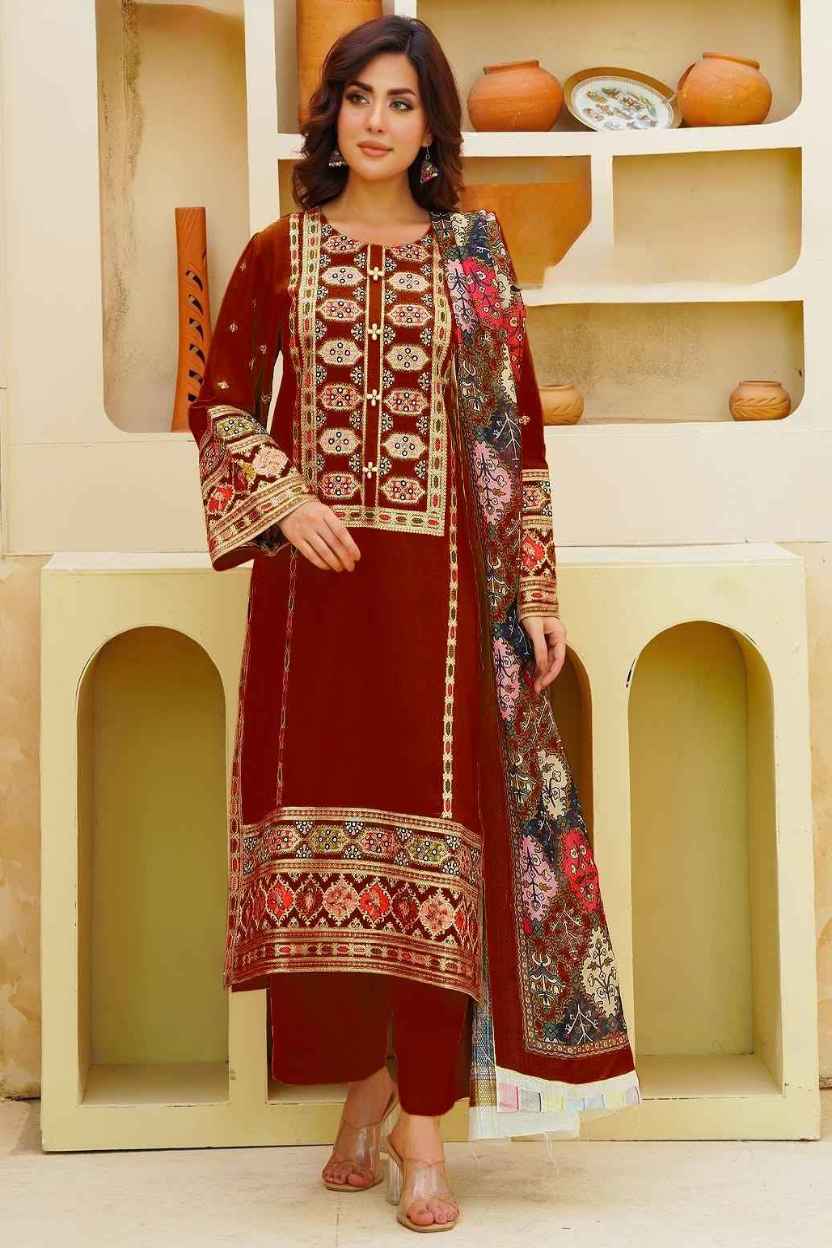 ANEELAS-3PC DHANAK EMBROIDERED SHIRT WITH DHANAK EMBROIDERED SHAWL & TROUSER-DPC-163