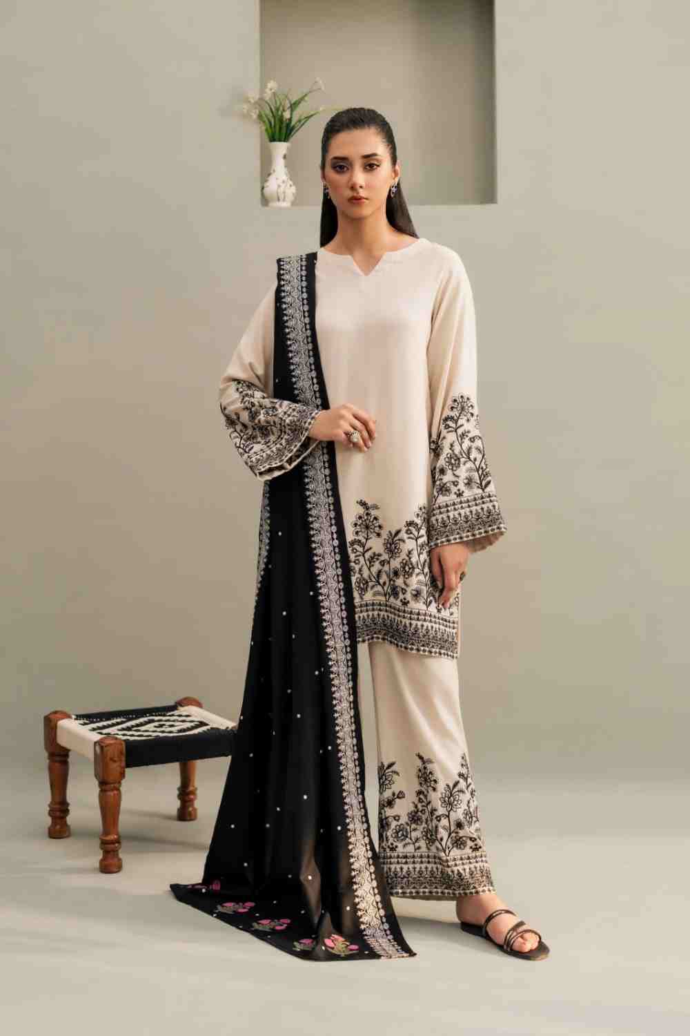 VINTAGE-3PC DHANAK EMBROIDERED SHIRT WITH DHANAK EMBROIDERED SHAWL & EMB TROUSER-DPC-4241