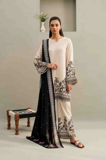 VINTAGE-3PC DHANAK EMBROIDERED SHIRT WITH DHANAK EMBROIDERED SHAWL & EMB TROUSER-DPC-4241