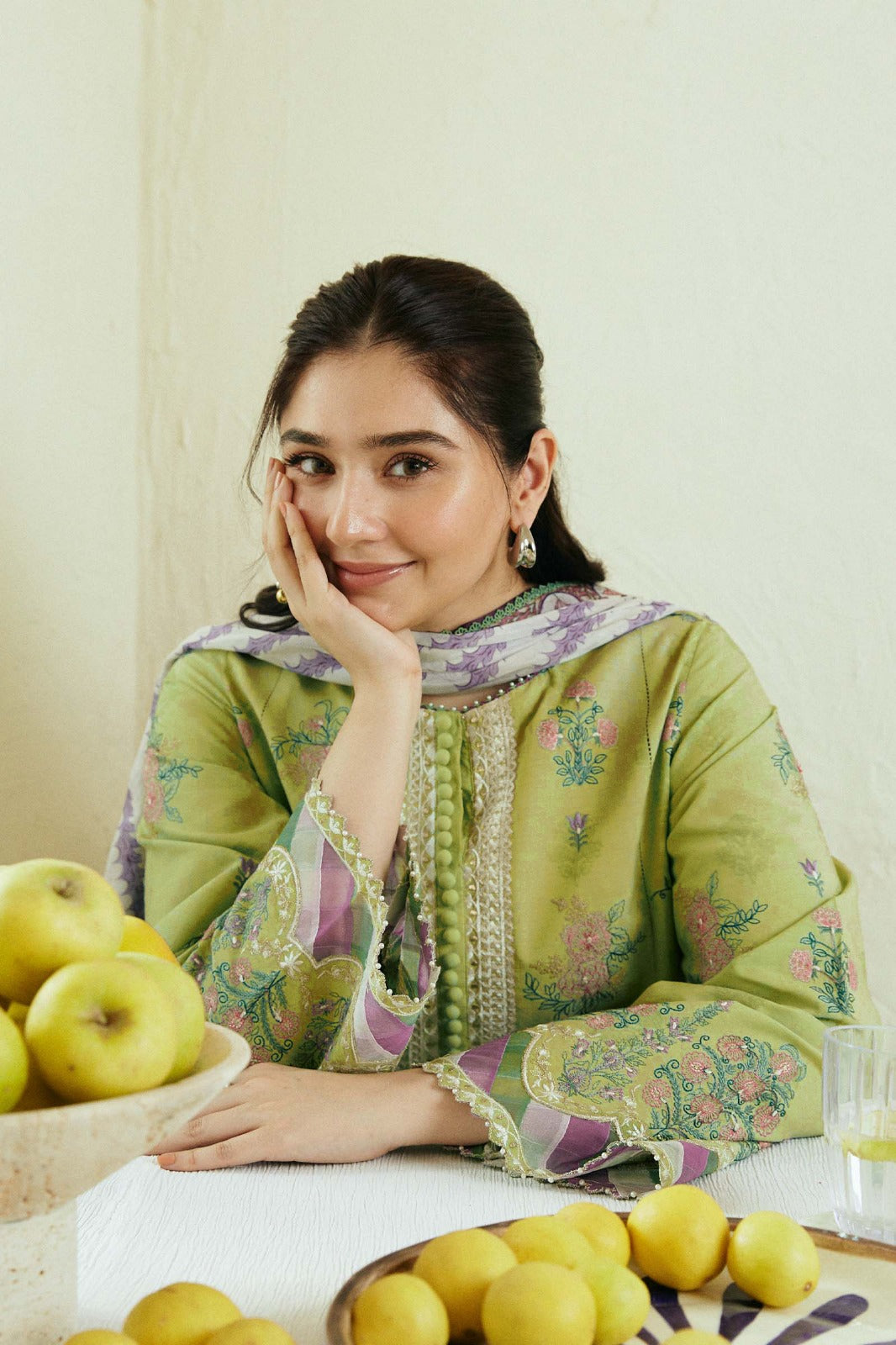 ZARA SHAHJAHAN- 3PC DHANAK EMBROIDERED SHIRT WITH WOOL PRINT SHAWL AND EMB TROUSER-DPC-140