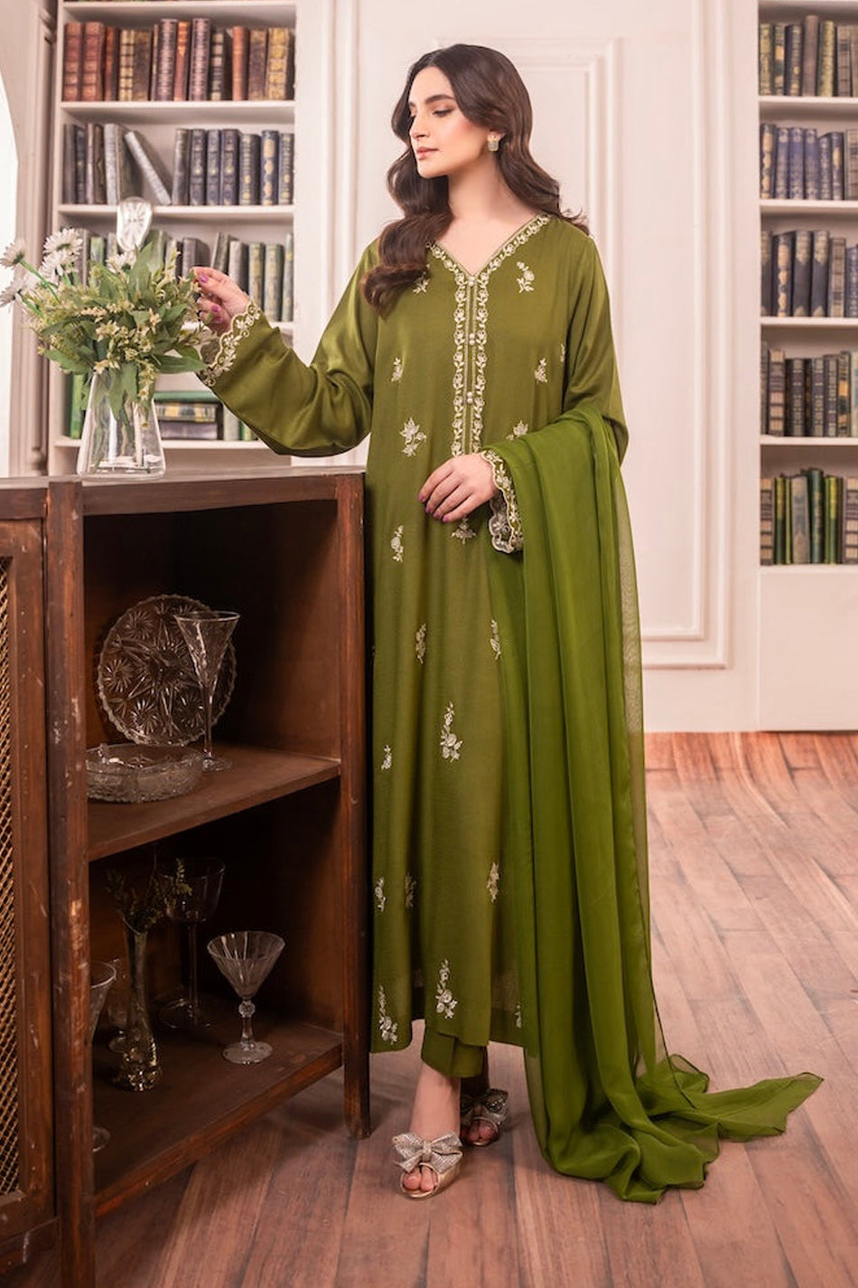 SAPPHIRE-3PC DHANAK EMBROIDERED SHIRT WITH CHIFFON DUPATTA AND TROUSER-DPC-4084